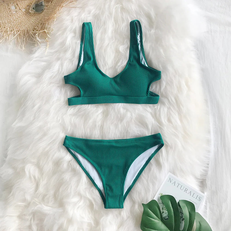 Plain Hollow out Padded Two Pieces Swimwear