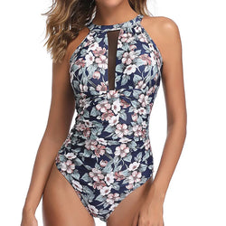 Green Floral Cutout Halter One-Piece Swimsuit