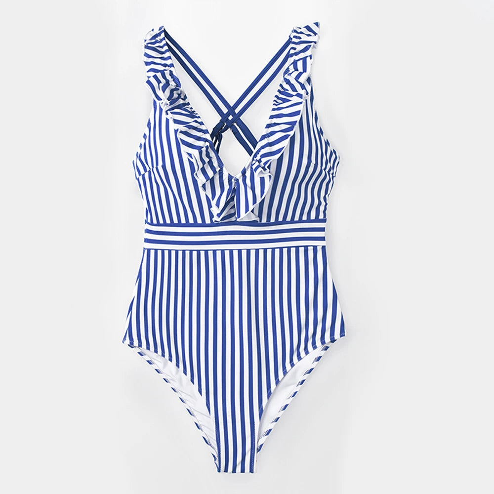 Blue White Striped Ruffled One-Piece Swimsuit