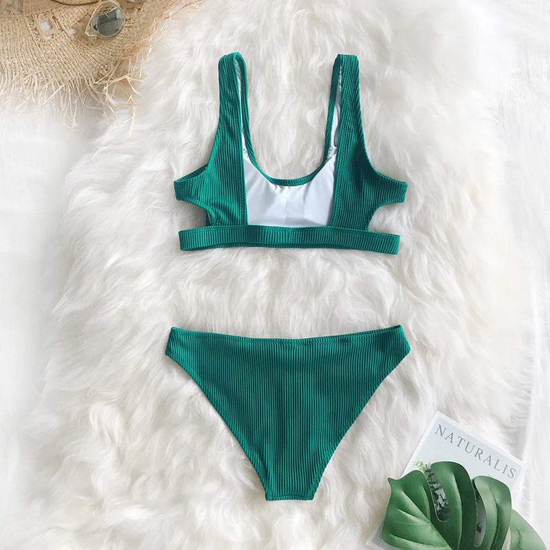 Plain Hollow out Padded Two Pieces Swimwear