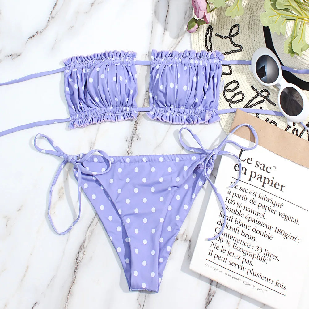 Polka Dot Print Mid Waist Bikini Set