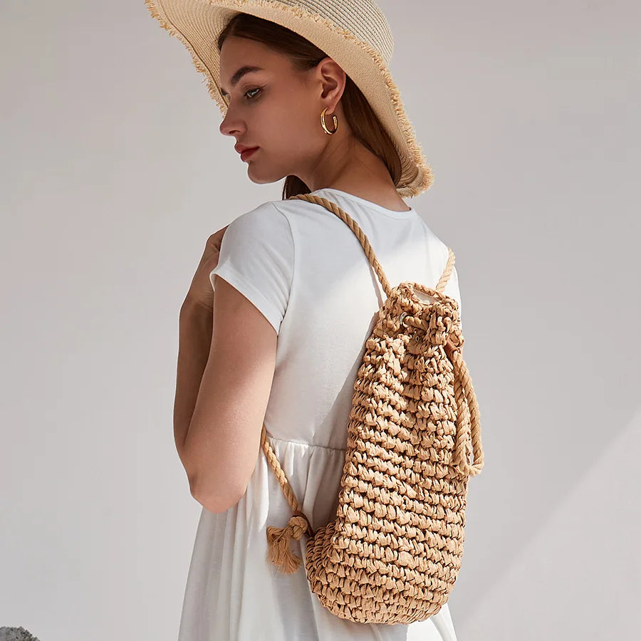 Summer Straw Drawstring Backpack