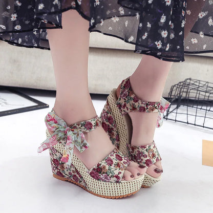 Floral High Heels Wedge Sandals