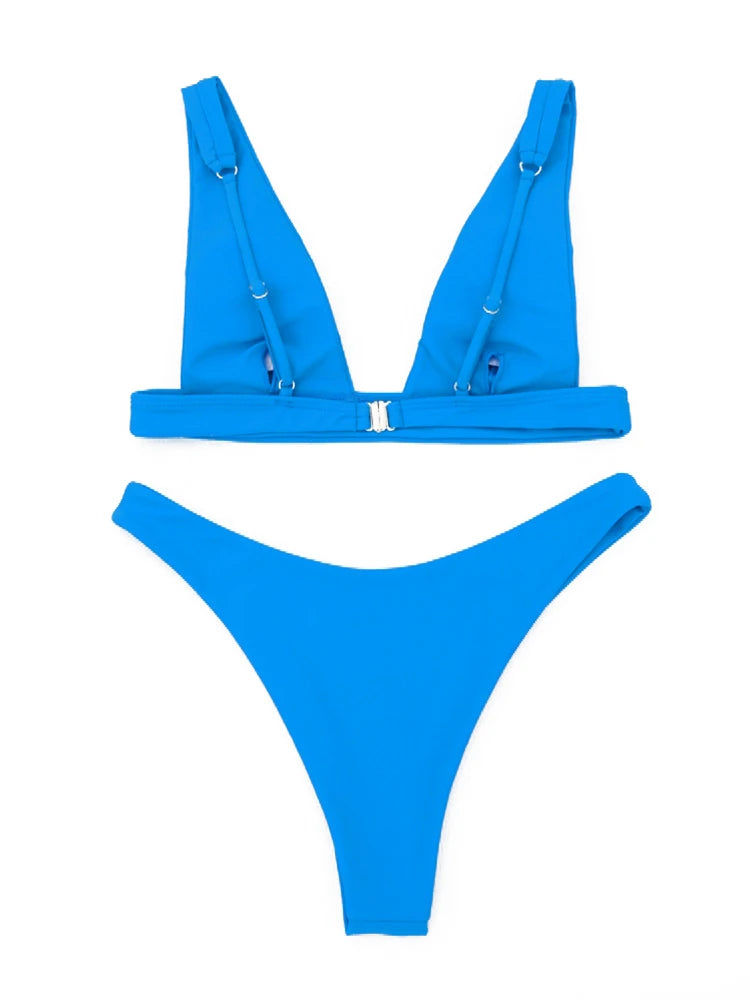 Solid V-neck Bikini Set