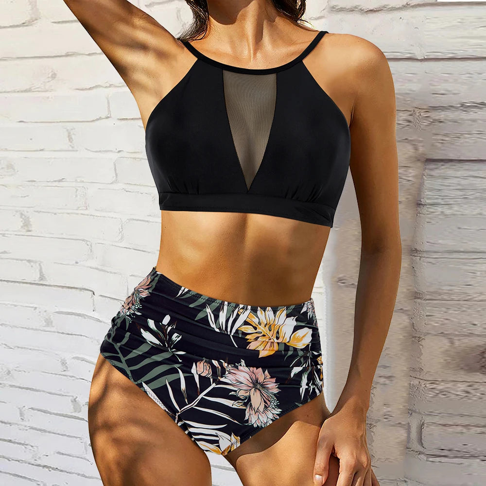 Black Mesh High Waist Bikini Set