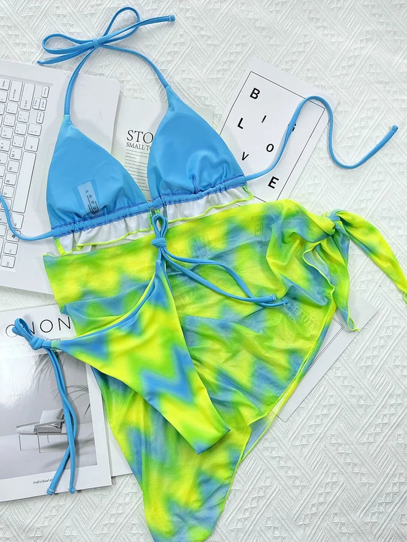 Tie Dye Halter Ruffled Bikini Set